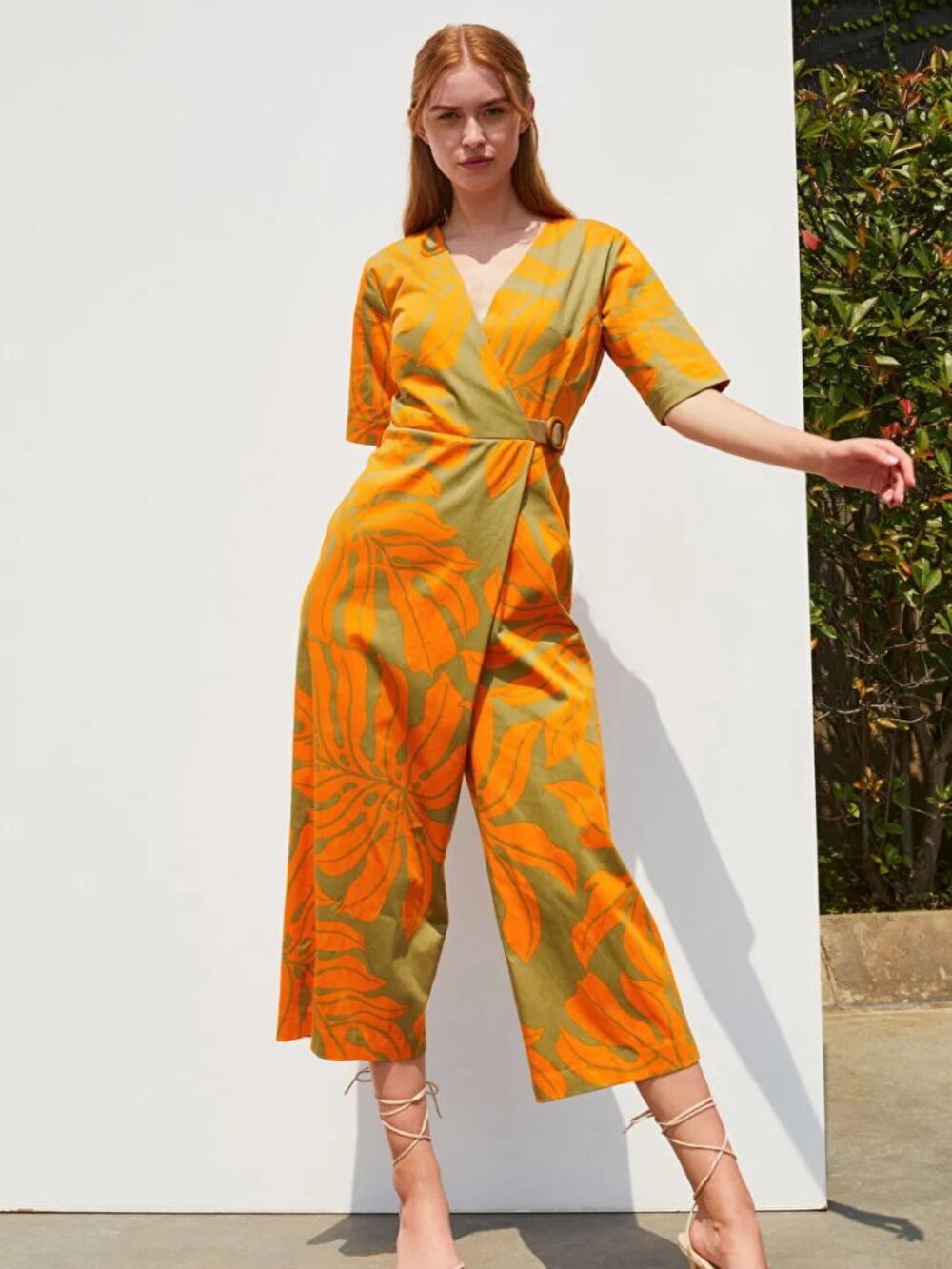 Green & Orange Tropical Print Wrap Jumpsuit – Short Sleeve Wide Leg - Picture 3 of 5